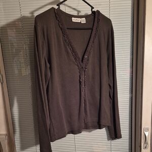 White Stag Women's Olive Green V-Neck Button Down 100% Cotton Top Size Large